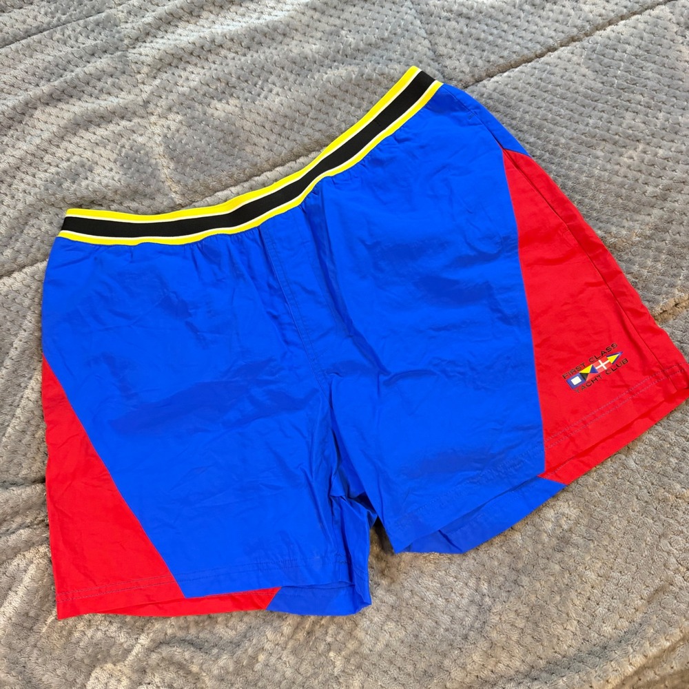 Forever 21 Men XL Swim Trunks Blue Red Colorblock First Class Yacht Club Shorts